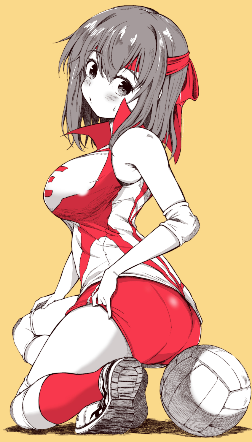 1girl absurdres adjusting_clothes adjusting_shorts ball commentary elbow_pads from_side full_body girls_und_panzer headband highres knee_pads kondou_taeko limited_palette looking_at_viewer looking_back medium_hair on_one_knee parted_lips red_headband red_shirt red_shorts red_socks shiiba_aki shirt short_shorts shorts single_vertical_stripe sleeveless sleeveless_shirt socks solo sportswear sweatdrop volleyball_(object) volleyball_uniform yellow_background