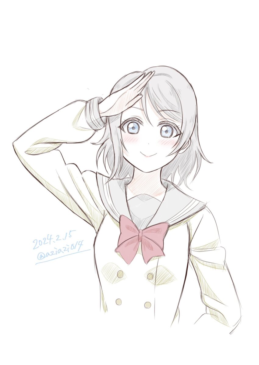1girl aziazi014 blue_eyes blush bow bowtie buttons closed_mouth commentary_request cropped_torso dated double-breasted grey_hair grey_sailor_collar highres looking_at_viewer love_live! love_live!_sunshine!! red_bow red_bowtie sailor_collar salute school_uniform short_hair sidelocks smile solo standing twitter_username uranohoshi_school_uniform watanabe_you white_background winter_uniform