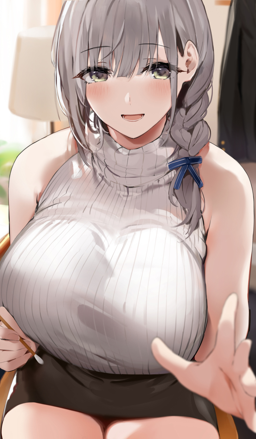 1girl bare_shoulders black_skirt blush braid breasts green_eyes hair_behind_ear hair_over_shoulder highres hololive indoors lampshade large_breasts mimikaki miniskirt niii_(memstapak) open_mouth ribbed_shirt shirogane_noel shirt short_hair silver_hair sitting skirt sleeveless sleeveless_shirt thighs turtleneck tutor virtual_youtuber white_shirt