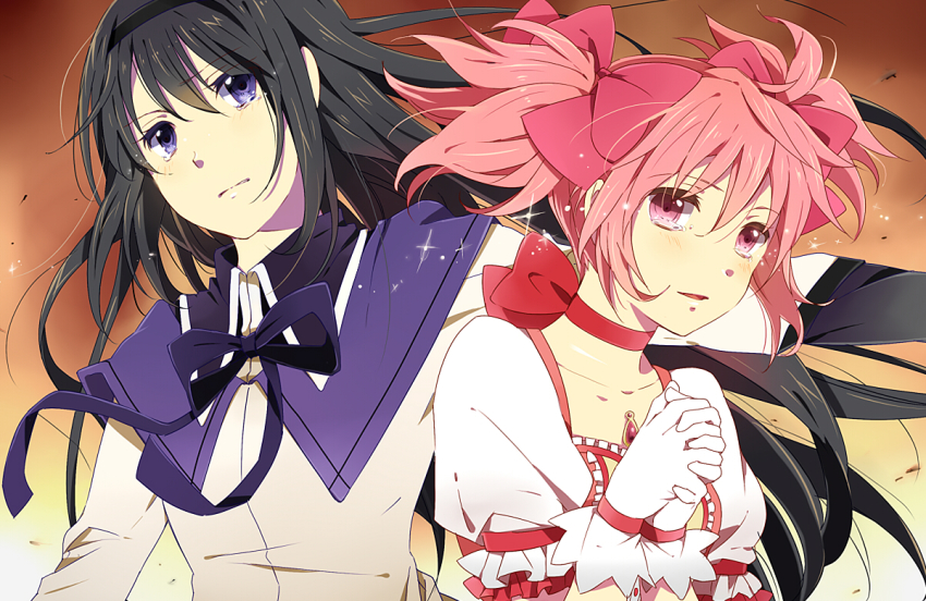 10s 2girls akemi_homura akemi_homura_(magical_girl) bad_id bad_pixiv_id black_hair kaname_madoka kaname_madoka_(magical_girl) karuha magical_girl mahou_shoujo_madoka_magica mahou_shoujo_madoka_magica_(anime) multiple_girls own_hands_clasped own_hands_together pink_eyes pink_hair purple_eyes tears upper_body