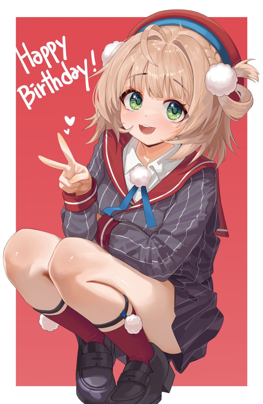 1girl absurdres birthday black_shoes blonde_hair ch1ckpyo english_text green_eyes happy_birthday hat highres indie_virtual_youtuber knees looking_at_viewer open_mouth red_socks shigure_ui_(vtuber) shoes socks solo squatting teeth upper_teeth_only virtual_youtuber