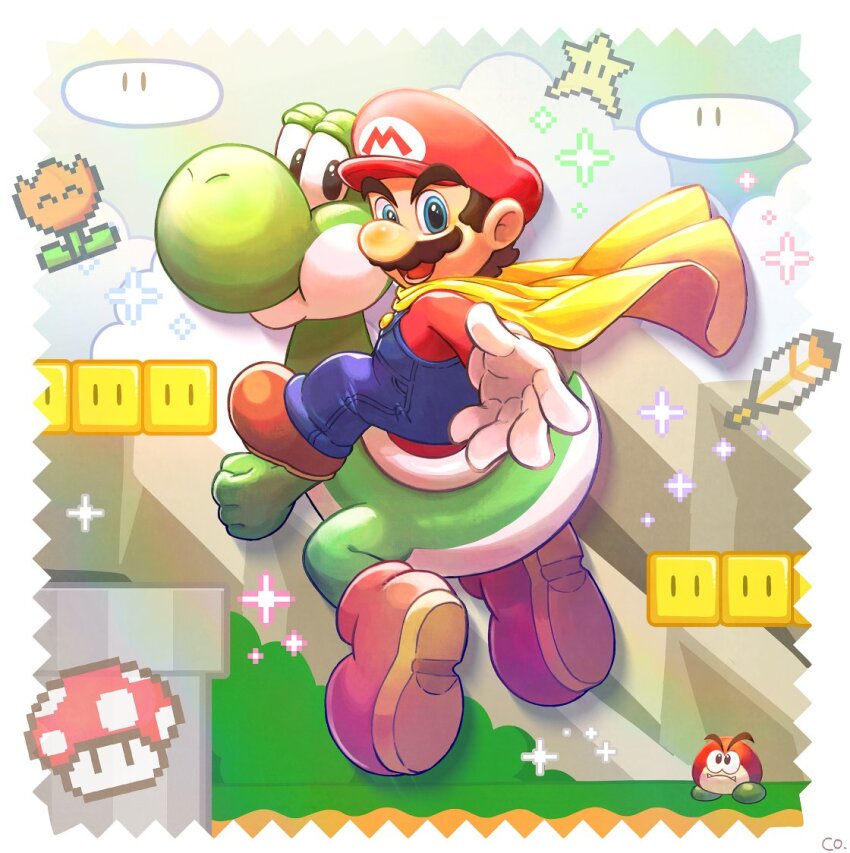 1boy artist_name blue_eyes blue_overalls blue_pants blue_sky boots border brown_footwear brown_hair bush buttons cape cape_mario cloud co_co_mg day dinosaur facial_hair fire_flower galoomba gloves hat long_sleeves looking_at_viewer looking_back male_focus mario mario_(series) mountain mustache nintendo open_mouth outdoors outside_border overalls pants pixel_art red_headwear red_shirt riding shirt shoes short_hair sky smile sparkle super_star_(mario) super_mario_world super_mushroom teeth v-shaped_eyebrows warp_pipe white_border white_gloves yellow_cape yoshi