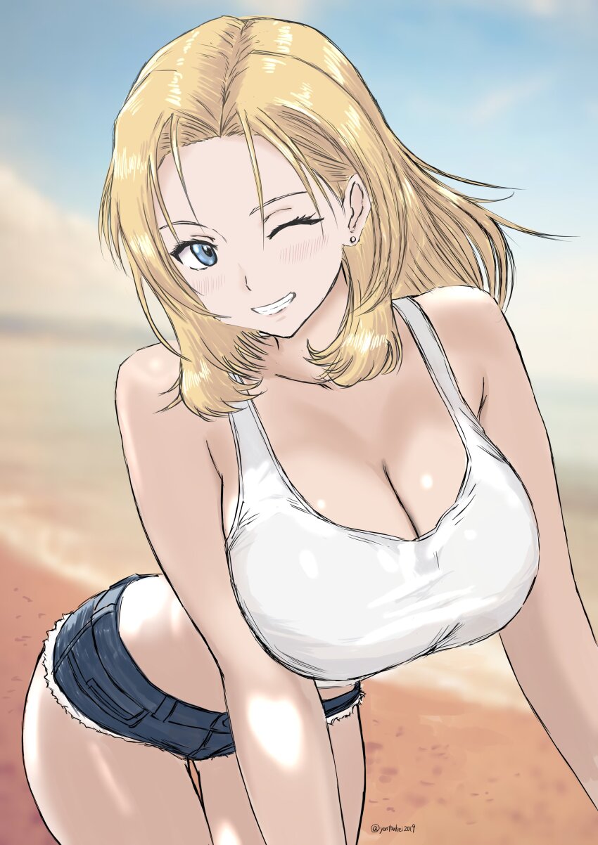 1girl absurdres bare_shoulders beach bent_over blonde_hair blue_eyes blue_shorts blurry blurry_background blush breasts cleavage collarbone cowboy_shot cutoffs day denim denim_shorts earrings forehead highres jewelry large_breasts leaning_forward long_hair looking_at_viewer midriff one_eye_closed original outdoors porotto_yontouhei shirt short_shorts shorts smile solo standing star_(symbol) star_earrings tank_top thigh_gap thighs twitter_username white_shirt white_tank_top