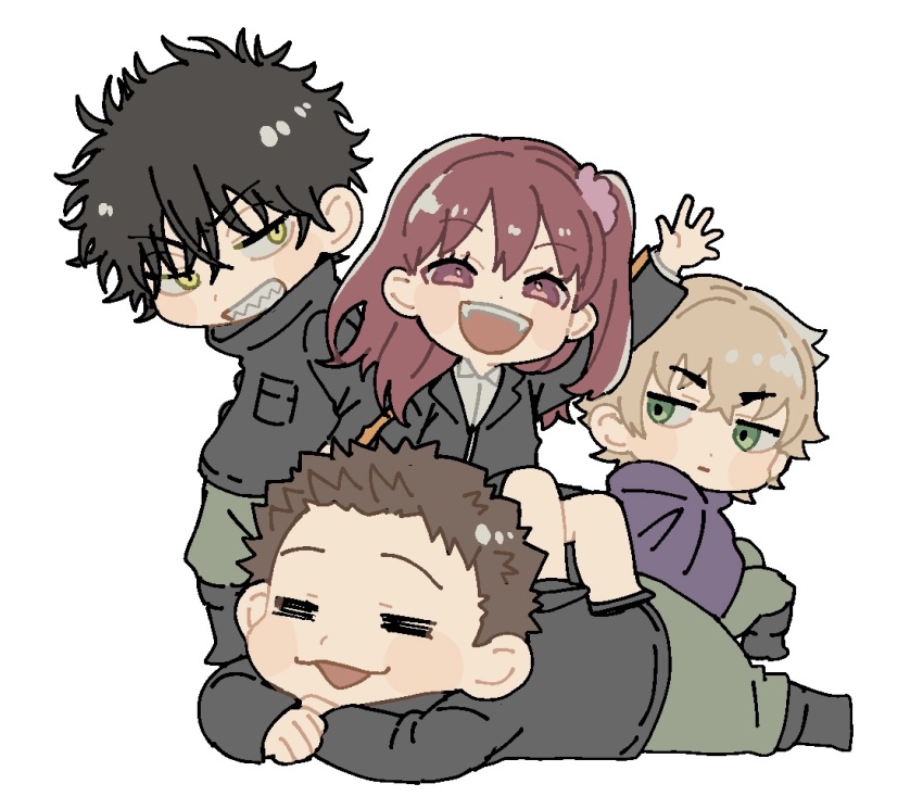 1girl 3boys =_= arm_up black_footwear black_hair black_jacket black_skirt boots brown_hair chibi cloak collared_shirt ema_yuzuru green_eyes green_pants grin hair_ornament jacket jitome kageura_masato kitazoe_hiro knee_boots kuzumiya_yuyu light_brown_hair long_hair long_sleeves looking_at_viewer lying miniskirt multiple_boys nire_hikari on_stomach one_side_up pants pencil_skirt purple_cloak red_eyes red_hair sharp_teeth shirt shoes short_hair simple_background sitting sitting_on_person skirt skirt_set smile spiked_hair standing teeth turtleneck uniform waving white_background white_shirt world_trigger yellow_eyes