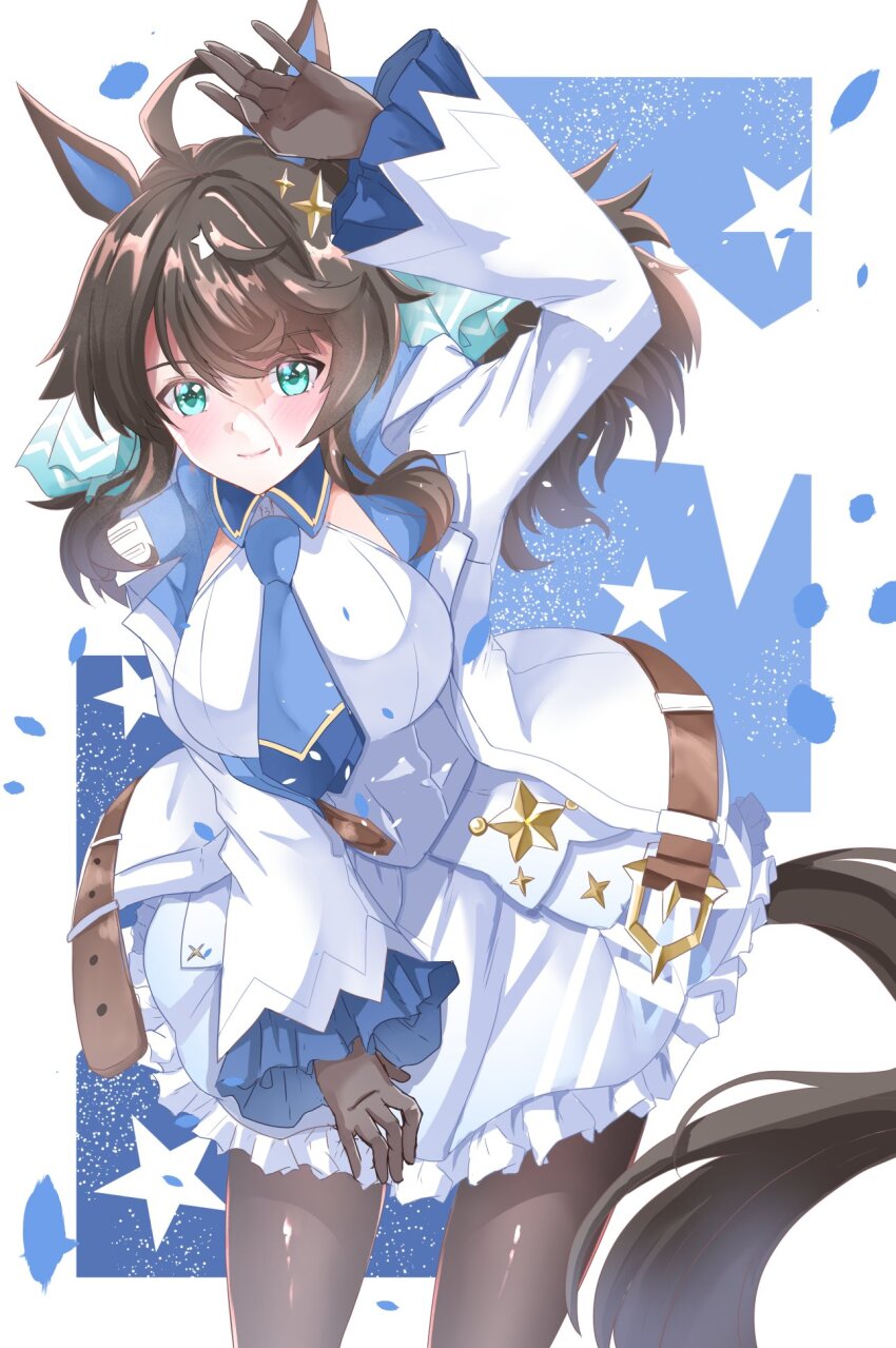 1girl ahoge animal_ears arm_up belt blush breasts commentary_request daring_tact_(umamusume) hair_ornament highres horse_ears horse_girl horse_tail jacket kentan_(kingtaiki) long_hair looking_at_viewer medium_breasts pantyhose simple_background smile solo sweat tail umamusume