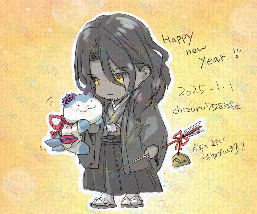 1boy 1other 2025 arrow_(projectile) black_hair blue_fur chizuru752830fe dark-skinned_male dark_skin fire_emblem fire_emblem_engage happy_new_year holding holding_arrow long_hair new_year nintendo smile sommie_(fire_emblem) translation_request two-tone_fur white_fur yellow_eyes zelkov_(fire_emblem)
