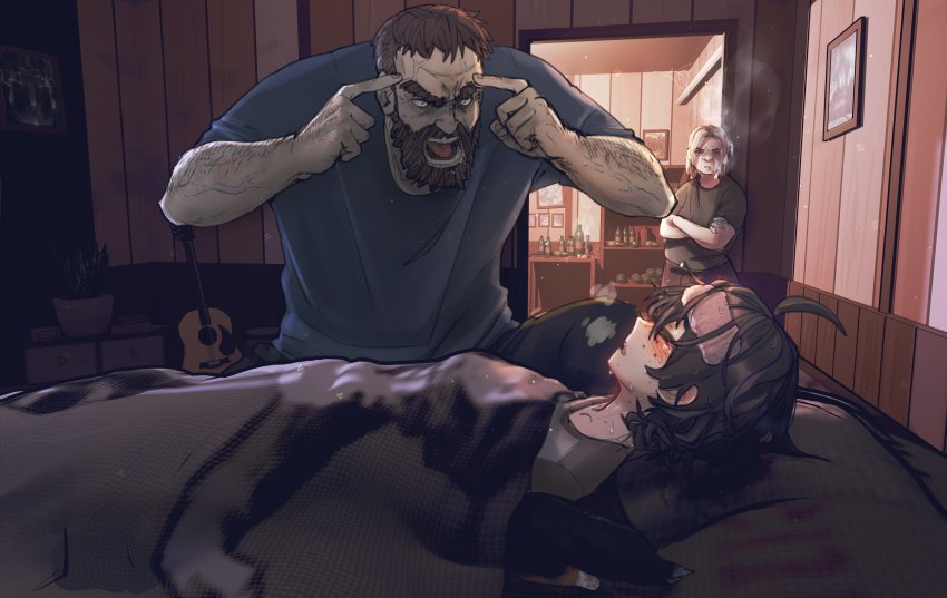 1boy 2girls absurdres acoustic_guitar ahoge beard black_hair black_pants blanket sophie&#039;s_father_(popopoka) sophie&#039;s_mother_(popopoka) sophie_(popopoka) blonde_hair blue_shirt blush brown_hair brown_shirt cigarette closed_eyes cold_pack commentary crossed_arms dark_souls_(series) dog door english_commentary facial_hair family fever freckles from_side grey_shirt guitar highres instrument invincible_(series) lying medium_hair meme multiple_girls on_back open_mouth original pants parody parted_lips pointing pointing_at_self popopoka shirt short_hair sick smoking sweat think_mark_think!_(meme) towel under_covers