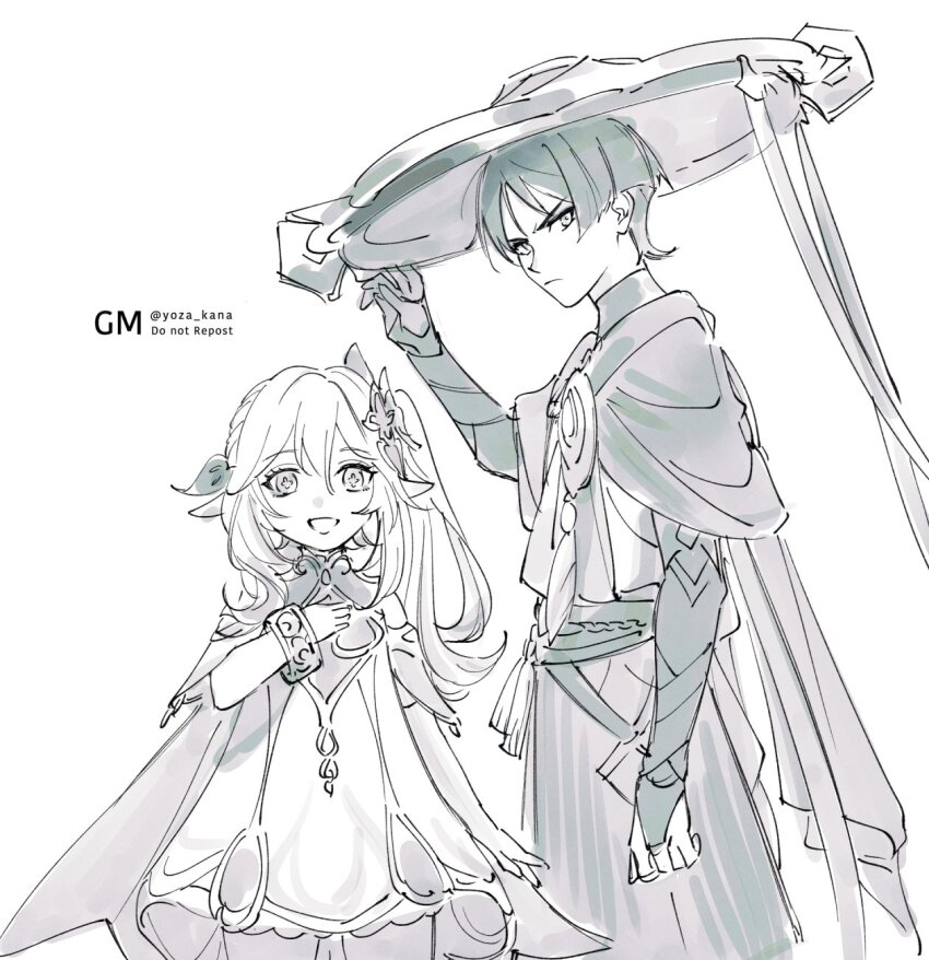 1boy 1girl arm_at_side armor belt blunt_ends bracelet bridal_gauntlets cape closed_mouth cross-shaped_pupils detached_sleeves dress eyelashes feathers frown gem genshin_impact hair_between_eyes hair_ornament half_crown_braid hand_on_own_chest hand_up hat hat_tip height_difference highres hip_vent japanese_armor japanese_clothes jewelry jingasa kimono kote layered_sleeves leaf leaf_hair_ornament long_hair looking_at_viewer monochrome nahida_(genshin_impact) open_mouth pointy_ears pom_pom_(clothes) rope sash scaramouche_(genshin_impact) short_sleeves shorts side_ponytail sidelocks symbol-shaped_pupils tassel tsurime twitter_username vision_(genshin_impact) wanderer_(genshin_impact) white_background wispy_bangs yotsuban
