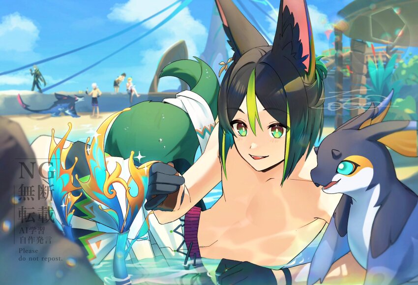 1boy alhaitham_(genshin_impact) animal_ear_fluff animal_ears black_gloves black_hair cyno_(genshin_impact) dango_imooimo earrings fox_boy fox_ears fox_tail genshin_impact gloves green_eyes green_hair green_tail hair_between_eyes highres jewelry kaveh_(genshin_impact) koholasaurus_(genshin_impact) male_focus male_swimwear multicolored_hair navel open_mouth sethos_(genshin_impact) short_hair solo stomach streaked_hair tail tighnari_(genshin_impact) topless_male white_male_swimwear