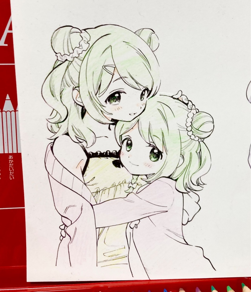 2girls arms_around_waist bare_shoulders black_bow black_bowtie bow bowtie chin_rest closed_mouth commentary_request cropped_torso double_bun dress dual_persona fingernails frilled_dress frills green_eyes green_hair hair_bun hair_ornament hair_scrunchie hairclip hand_on_another&#039;s_head happy head_on_head head_rest highres hood hood_down hooded_jacket hug jacket light_blush long_sleeves medium_hair morinaka_kazaki morinaka_kazaki_(2nd_costume) morinaka_kazaki_(8th_costume) multiple_girls nijisanji no+bi= open_mouth pink_jacket scrunchie sleeveless sleeveless_dress smile sweater_jacket virtual_youtuber yellow_dress