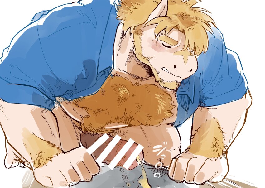 1boy absurdres all_fours animal_ears animal_penis another_eidos-r bar_censor bara belly blue_shirt censored chest_hair clenched_teeth closed_eyes commentary_request cross_scar embarrassed equus_(another_eidos) erection furry furry_male highres horse_boy horse_ears horse_penis male_focus mane muscular muscular_male open_clothes open_shirt pee peeing penis sawch_cls scar scar_on_face scar_on_nose shirt teeth white_background