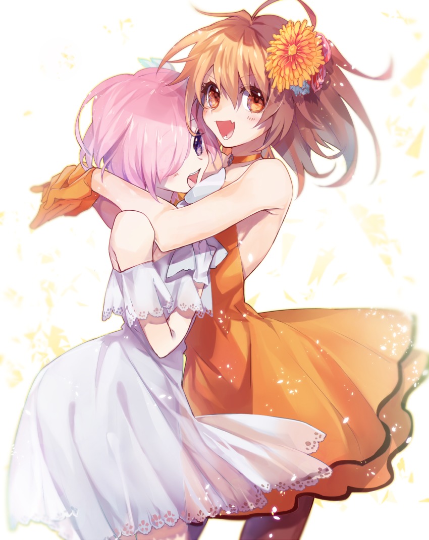 2girls :d blue_flower blush brown_legwear choker cowboy_shot dress fate/grand_order fate_(series) floating_hair flower fujimaru_ritsuka_(female) fujimaru_ritsuka_(female)_(starlight_fest) gloves hair_between_eyes hair_flower hair_ornament hair_over_one_eye highres hug long_hair mash_kyrielight mash_kyrielight_(formal_dress) multiple_girls official_alternate_costume open_mouth orange_dress orange_eyes orange_flower orange_gloves orange_hair pantyhose pink_hair purple_eyes red_flower red_rose rose sakurai_(poyo) short_dress short_hair simple_background sleeveless sleeveless_dress smile standing strapless strapless_dress white_background white_dress white_gloves