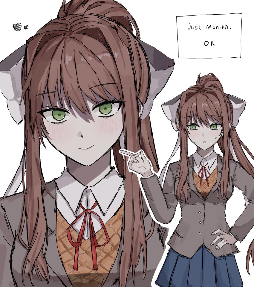 1girl absurdres blazer blue_skirt blush bow breasts brown_hair brown_jacket closed_mouth doki_doki_literature_club doki_doki_literature_club_school_uniform green_eyes hair_bow hair_ribbon hand_on_own_hip heart highres inot17 jacket long_hair looking_at_viewer monika_(doki_doki_literature_club) neck_ribbon orange_sweater_vest ponytail red_ribbon ribbon school_uniform shirt simple_background skirt smile sweater_vest very_long_hair white_background white_bow white_ribbon