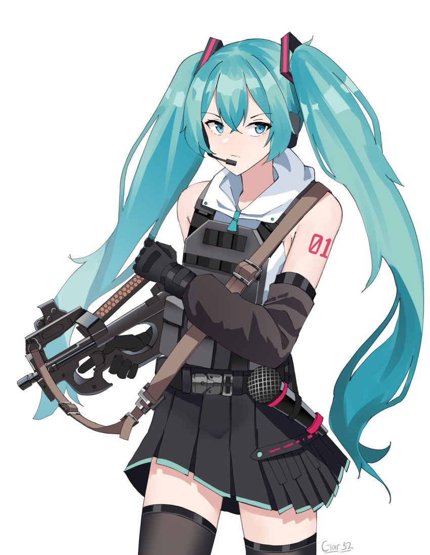 1girl ammunition armor-piercing_ammunition artist_name black_gloves black_skirt blue_eyes blue_hair body_armor bullpup expressionless fn_5.7x28mm gar32 gloves gun gun_sling handgun_cartridge hatsune_miku headset highres holding holding_weapon horizontal_magazine long_hair microphone military p90 pdw_cartridge personal_defense_weapon pistol_cartridge reloading shirt short_sleeves shoulder_tattoo skirt solo submachine_gun supersonic_ammunition tattoo thighhighs twintails very_long_hair vocaloid weapon white_background white_shirt zettai_ryouiki