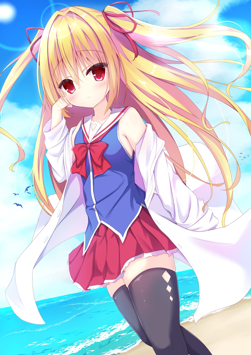 1girl absurdres arm_at_side bare_shoulders bird black_thighhighs blonde_hair blue_shirt blue_sky blush bow bowtie closed_mouth cloud coat commentary_request commission day dutch_angle eyes_visible_through_hair feet_out_of_frame floating_hair frilled_skirt frills hair_between_eyes hair_intakes hair_ribbon hand_up highres irotoridori_no_sekai lab_coat long_hair long_sleeves looking_at_viewer miniskirt nikaidou_shinku open_clothes open_coat outdoors pleated_skirt red_bow red_bowtie red_eyes red_ribbon red_skirt ribbon sailor_collar school_uniform serafuku shirt sidelocks skeb_commission skindentation skirt sky sleeveless sleeveless_shirt smile solo standing thighhighs thighs two_side_up very_long_hair waffuru white_sailor_collar wind zettai_ryouiki