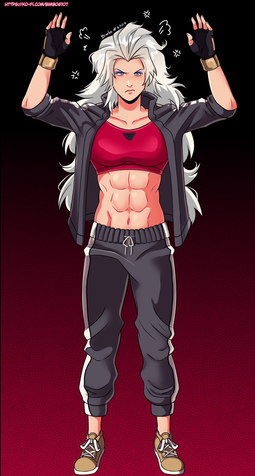 1girl abs absurdres bimbo6707 black_jacket black_pants black_track_suit blue_eyes breasts ceiling crop_top fingerless_gloves gloves highres jacket kunio-kun_series large_breasts long_hair marian_kelly midriff muscular muscular_female navel open_clothes open_jacket padded_gloves pants red_sports_bra river_city_girls_2 smile solo sports_bra tile_ceiling tiles track_suit white_hair