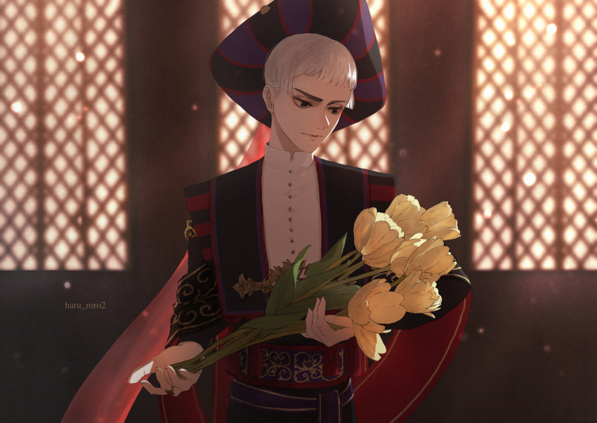 1boy absurdres blurry blurry_background closed_mouth commentary_request flower flower_request green_eyes grey_hair hat highres holding holding_flower indoors long_sleeves male_focus rollo_flamme roro_(haru_roro2) short_hair solo striped_hat tricorne twisted_wonderland twitter_username upper_body