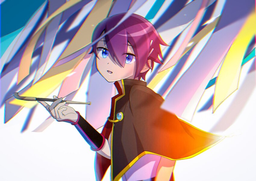 1boy alternate_universe arm_at_side atltax_00 black_capelet black_wrist_cuffs blue_eyes blue_gemstone capelet dappled_sunlight double-parted_bangs facing_to_the_side gem green_ribbon holding holding_smoking_pipe light_particles looking_to_the_side male_focus open_mouth popped_collar purple_eyes purple_shirt ribbon shirt smoking_pipe sougetsu_gakuto sunlight turning_head white_background white_ribbon wind wrist_cuffs yellow_ribbon yu-gi-oh! yu-gi-oh!_sevens