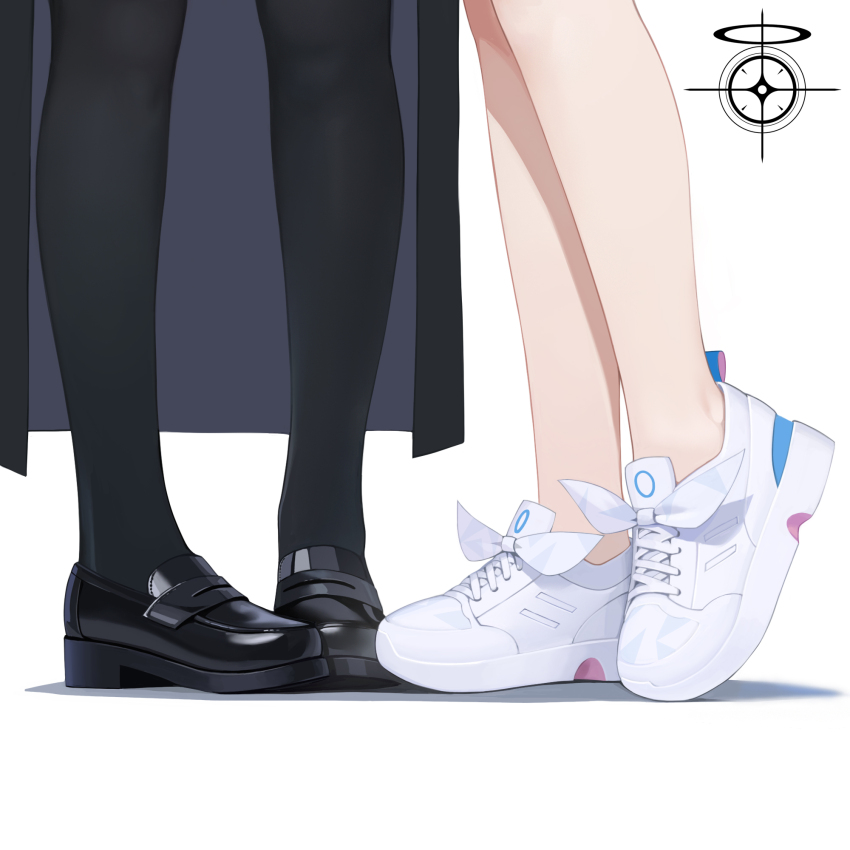 2girls arona_(blue_archive) black_coat black_footwear black_pantyhose blue_archive close-up coat commentary english_commentary footwear_focus footwear_ribbon highres loafers lower_body multiple_girls pantyhose plana_(blue_archive) ribbon schale_logo shadow shoes simple_background sneakers ttt_(5274293) white_background white_footwear white_ribbon