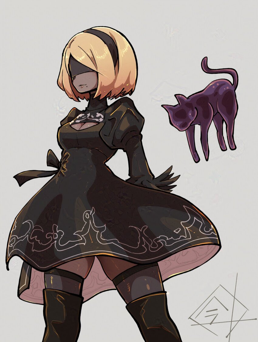 1girl 2b_(nier:automata) 2b_(nier:automata)_(cosplay) black_dress black_hairband black_thighhighs blindfold blonde_hair breasts cat cleavage_cutout closed_mouth clothing_cutout cosplay dark-skinned_female dark_skin dress dusty_(gravity_daze) floating gloves gravity_daze gravity_daze_2 hairband hashtag-only_commentary highres juliet_sleeves kitten_(gravity_daze) long_hair long_sleeves looking_at_viewer medium_hair mole mole_under_mouth nier:automata nier_(series) puffy_sleeves pungter red_eyes scarf short_dress simple_background skindentation smile solo strapless thighhighs vambraces white_background