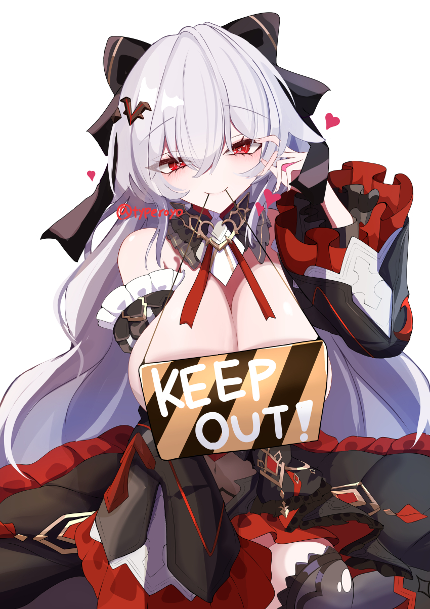 1girl absurdres artist_name bare_shoulders black_bow black_collar black_dress black_thighhighs blush bow breasts caution_tape cleavage collar commentary_request covered_navel detached_sleeves dress frilled_dress frilled_sleeves frills gold_trim grey_hair hair_between_eyes hair_ornament hand_in_own_hair hand_up heart heart-shaped_pupils highres honkai_(series) honkai_impact_3rd keep_out large_breasts long_sleeves looking_at_viewer red_eyes royo21294110 sidelocks sign simple_background sitting smile solo symbol-shaped_pupils theresa_apocalypse theresa_apocalypse_(luna_kindred) theresa_apocalypse_(lunar_vow:_crimson_love) thighhighs torn_clothes torn_thighhighs two-tone_dress white_background wide_sleeves
