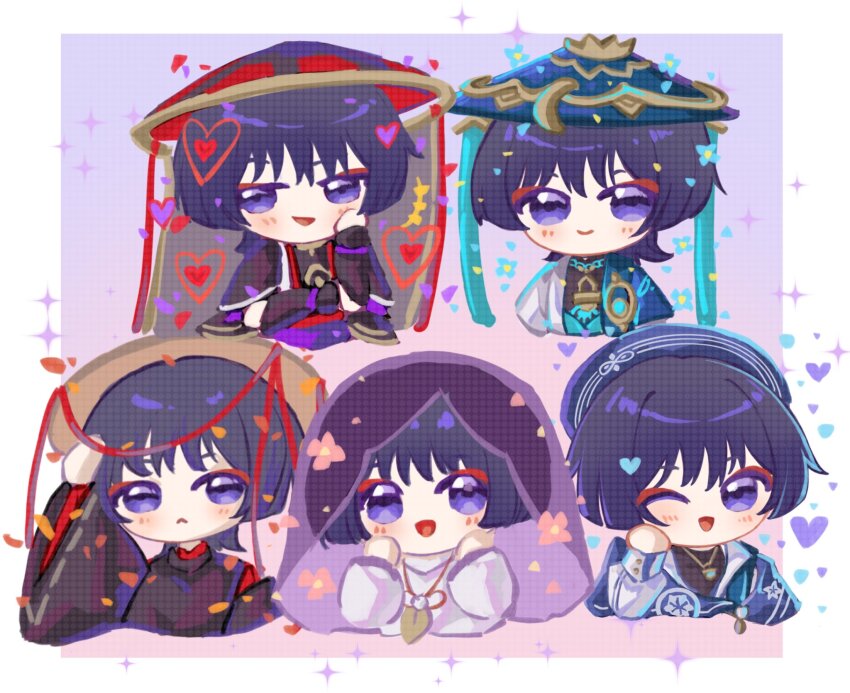 5boys :&lt; alternate_costume arm_up armor beret black_bodysuit black_hair black_kimono black_sleeves blue_cape blue_gemstone blue_hat blue_kimono blue_shawl bodysuit border cape chibi closed_mouth clothing_cutout collared_shirt eyeliner eyeshadow falling_flower falling_petals feathers flower gem genshin_impact glowing_markings gold gold_necklace gold_pendant han&#039;eri hand_up hands_up hat heart highres japanese_armor japanese_clothes jewelry jingasa kariginu kimono kote kurokote kuronushi_(genshin_impact) layered_sleeves light_blush long_sleeves looking_at_viewer looking_to_the_side makeup multiple_boys multiple_persona neck_ring necklace official_alternate_costume one_eye_closed open_clothes open_kimono open_mouth petals pink_background pink_flower pom_pom_(clothes) purple_eyes purple_sleeves purple_veil rainbowsugarflower red_eyeliner red_eyeshadow red_hat red_kimono red_sleeves scaramouche_(genshin_impact) scaramouche_(kabukimono)_(genshin_impact) see-through_clothes see-through_veil shawl shirt short_sleeves shoulder_cutout smile straw_hat string tilted_headwear veil vision_(genshin_impact) wanderer_(genshin_impact) wanderer_(wanderer_impression)_(genshin_impact) white_border white_kimono white_shirt white_sleeves white_trim wide_sleeves wing_collar yellow_feathers