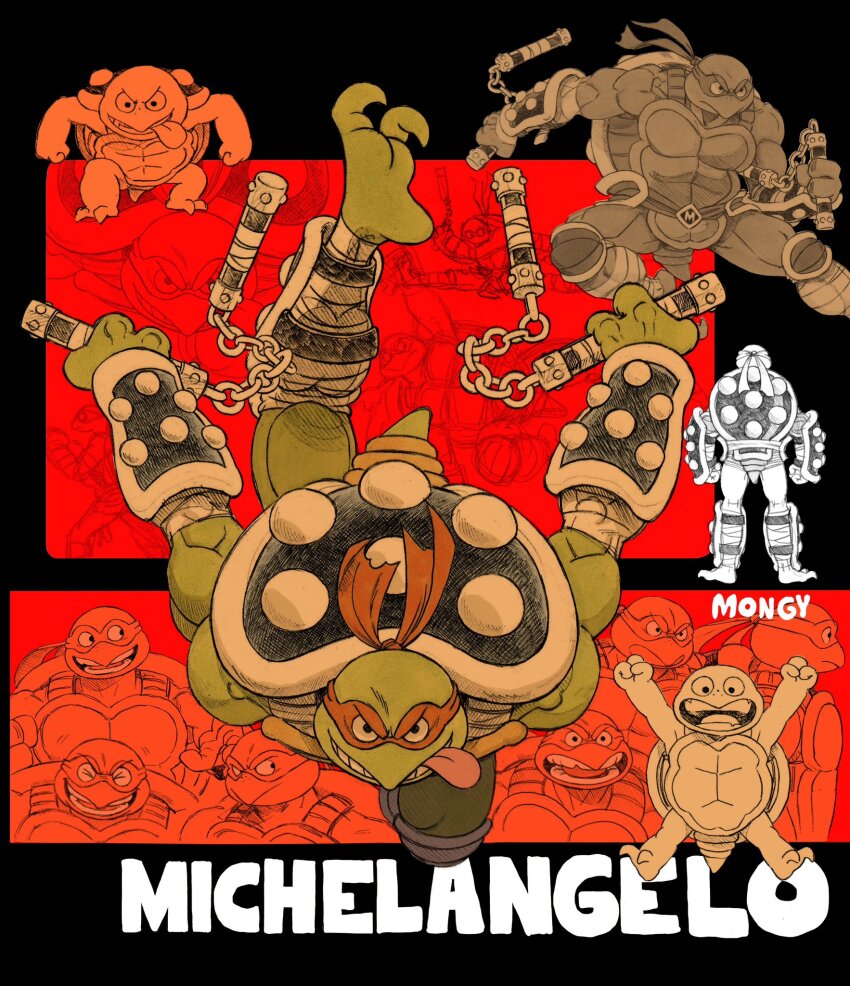 1boy aged_down arm_guards armor aten_man barefoot belt character_name colored_skin dual_wielding eye_mask fewer_digits full_body green_skin grin highres holding holding_nunchaku holding_weapon knee_pads looking_at_viewer male_focus michelangelo_(tmnt) multiple_views muscular muscular_male ninja nunchaku open_mouth orange_mask red_background redesign reptile_boy shin_guards single_letter smile tail teenage_mutant_ninja_turtles tongue tongue_out turtle_boy turtle_shell v-shaped_eyebrows weapon