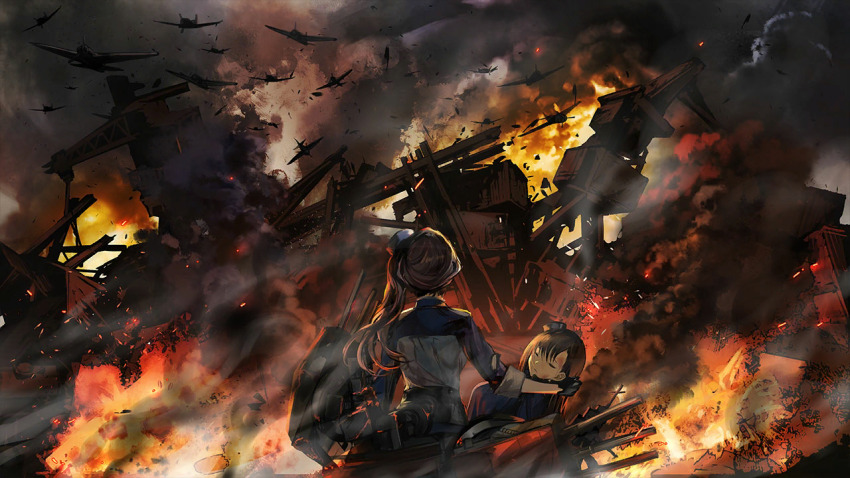 2girls aircraft airplane arizona_(azur_lane) artist_request azur_lane blood brown_hair closed_eyes death fire game_cg gloves hat historical_event injury long_hair military_vehicle multiple_girls nevada_(azur_lane) official_art pearl_harbor pennsylvania_(azur_lane) propeller_fighter side_ponytail war