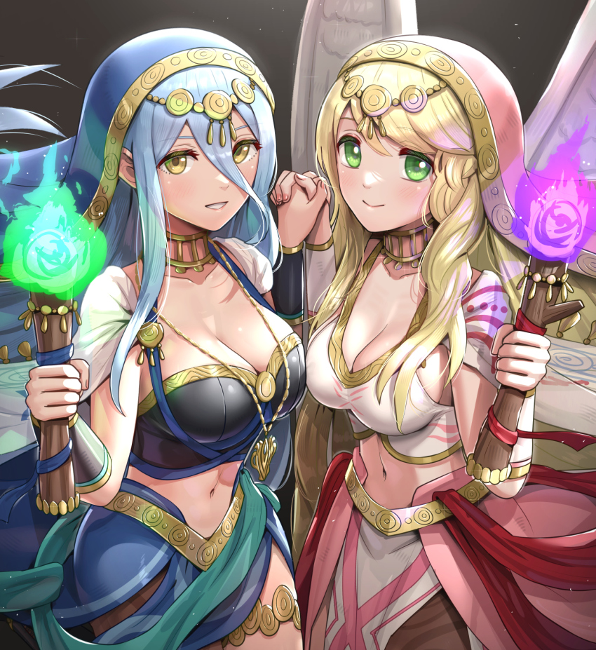 2girls alternate_costume angel_wings azura_(fire_emblem) azura_(hatari)_(fire_emblem) bandeau black_background black_bandeau blonde_hair blue_cape blue_hair blush breasts cape circlet cleavage collar collarbone commentary_request cowboy_shot crop_top feathered_wings fire_emblem fire_emblem:_radiant_dawn fire_emblem_fates fire_emblem_heroes gonzarez green_eyes grin hair_between_eyes hands_up highres holding holding_hands holding_torch jewelry large_breasts leanne_(fire_emblem) leanne_(hatari)_(fire_emblem) long_hair looking_at_viewer midriff multiple_girls navel nintendo official_alternate_costume parted_lips partial_commentary see-through_clothes sidelocks single_leg_pantyhose smile standing thighlet torch vambraces veil very_long_hair waist_cape white_cape white_wings wings yellow_eyes