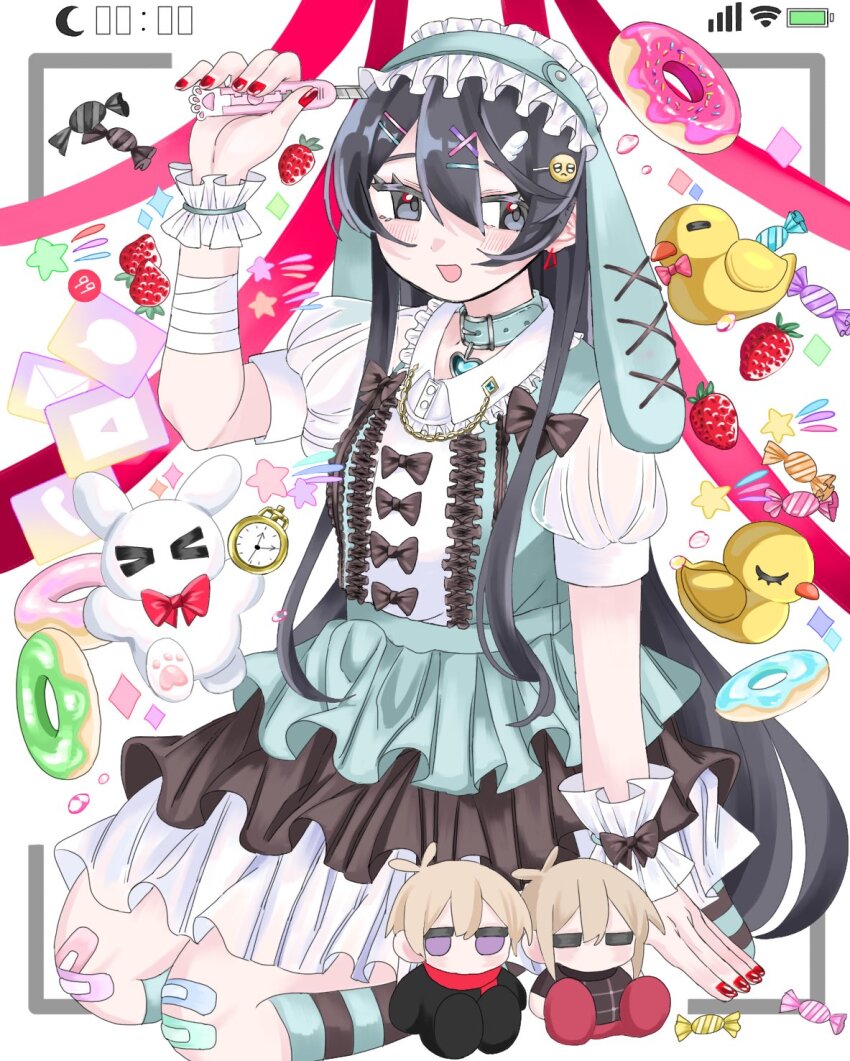 1girl alternate_costume app_icon apron aqua_dress bandaged_wrist bandages bandaid bandaid_on_knee bandaid_on_leg battery_indicator black_hair bow bowtie boxcutter candy detached_collar diamond_(shape) donut dress earrings enmaided food frilled_dress frilled_wrist_cuffs frilled_wristband frills fruit german_clothes hair_between_eyes hair_ornament hairclip headband highres holding holding_boxcutter jewelry jiaojiao kneehighs kneeling maid maid_apron maid_headdress nail_polish notification pink_donut plaid_clothes plaid_sweater pocket_watch rabbit_paws red_bow red_bowtie red_nails red_scarf rubber_duck sad_emoji scarf shimako_(yume_2kki) socks star_(symbol) strawberry striped_clothes striped_socks stuffed_animal stuffed_rabbit stuffed_toy sweater text_messaging triangle_earrings urotsuki victim_(yume_2kki) watch wi-fi_symbol wrist_cuffs yami_kawaii yume_2kki yume_kawaii
