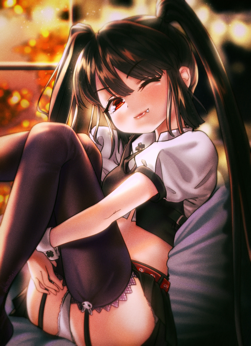 1girl absurdres aka-arachnida ass belt black_shirt black_skirt black_thighhighs black_vest brown_eyes fang garter_straps highres knees_up kooh lipgloss looking_at_viewer midriff one_eye_closed pangya panties pantyshot red_belt shirt sitting skirt smile solo thighhighs underwear vest white_panties white_shirt wrist_cuffs