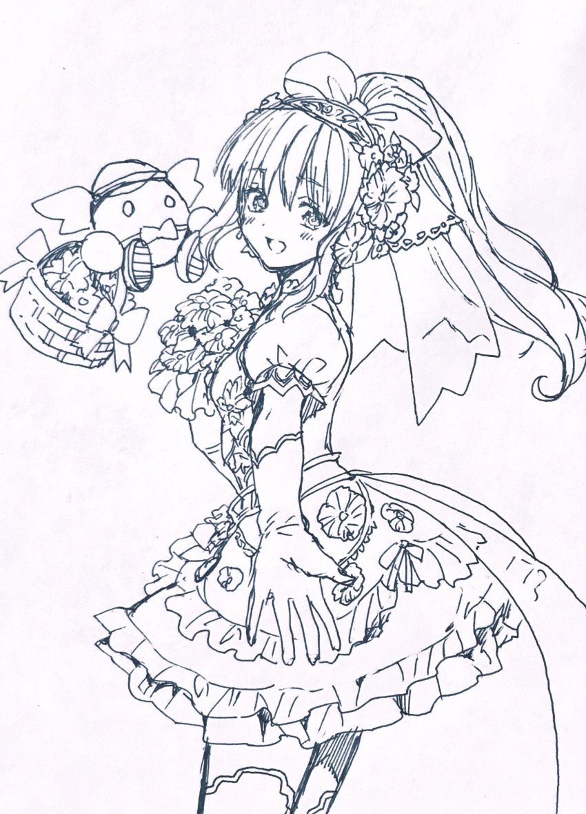 1girl bobot dress elbow_gloves gloves highres long_hair looking_at_viewer monochrome murata_tefu open_mouth ponytail precis_neumann robot simple_background smile star_ocean star_ocean:_anamnesis star_ocean:_the_second_story white_background