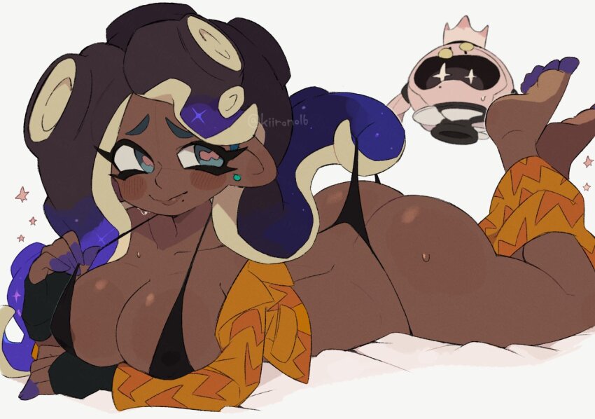 1girl ass bikini_pull black_hair breasts butt_crack clothes_pull colored_extremities crossed_ankles dark-skinned_female dark_skin feet_up fingerless_gloves gloves gradient_hair green_eyes kiirono large_breasts long_hair lying marina_(splatoon) mole mole_under_mouth multicolored_hair nintendo octoling on_stomach splatoon_(series) sweat tentacle_hair the_pose