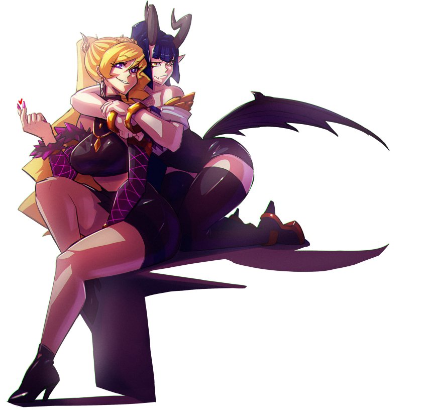 absurdres ahri_(league_of_legends) ahri_(league_of_legends)_(cosplay) blonde_hair blue_hair breasts commentary cosmikaizer cosplay demon_girl demon_horns demon_wings english_commentary evelynn_(league_of_legends) highres horns hug hug_from_behind k/da_(league_of_legends) k/da_ahri k/da_ahri_(cosplay) k/da_evelynn k/da_evelynn_(cosplay) lana_(cosmikaizer) lana_branford_(cosmikaizer) large_breasts looking_to_the_side melody_goetia_(cosmikaizer) original purple_eyes thick_thighs thighhighs thighs twintails uneven_twintails white_background wings yellow_eyes