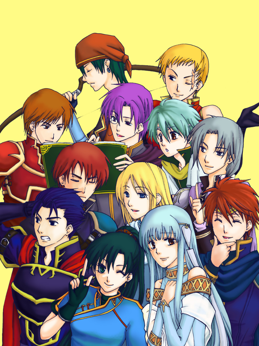 3girls 6+boys :d ;) angry aqua_hair armor artist_request asymmetrical_bangs bandana blonde_hair blue_eyes blue_hair book bow_(weapon) breasts canas_(fire_emblem) cape clenched_teeth closed_eyes closed_mouth earrings elbow_gloves eliwood_(fire_emblem) everyone fingerless_gloves fire_emblem fire_emblem:_the_blazing_blade friends gloves grabbing_another&#039;s_chin green_eyes green_hair grey_hair hand_on_another&#039;s_chin happy hector_(fire_emblem) highres jewelry kent_(fire_emblem) knight laughing looking_at_another looking_at_viewer looking_back lucius_(fire_emblem) lyn_(fire_emblem) medium_breasts monk monocle multiple_boys multiple_girls nils_(fire_emblem) ninian_(fire_emblem) nintendo one_eye_closed open_book open_mouth orange_hair parted_bangs pent_(fire_emblem) ponytail purple_eyes purple_hair rath_(fire_emblem) raven_(fire_emblem) reading red_eyes scar serious simple_background smile teeth upper_body vaida_(fire_emblem) weapon wink yellow_background