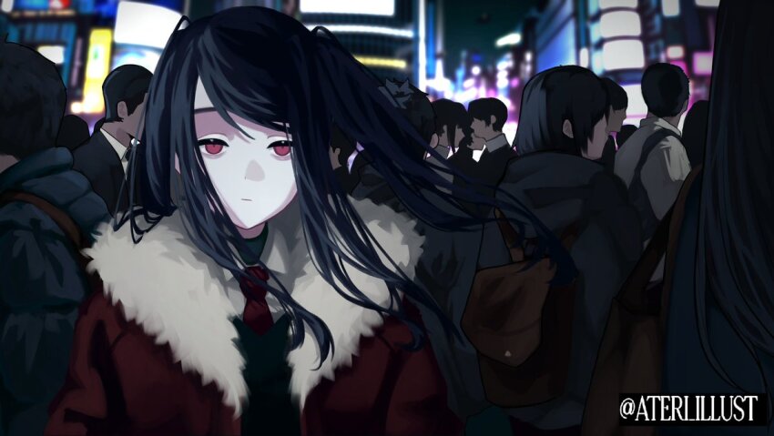 artist_name ateri_illust bag black_hair blurry blurry_background closed_mouth coat crowd expressionless fur-trimmed_coat fur_trim hashtag-only_commentary jill_stingray long_hair looking_at_viewer necktie night night_sky red_coat red_eyes red_necktie short_hair sky solo_focus twitter_username upper_body va-11_hall-a