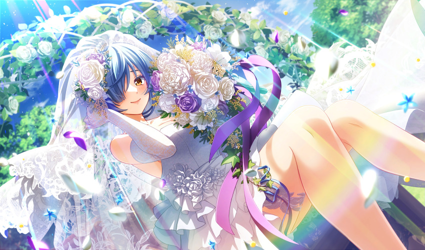 1girl arch asymmetrical_hair blue_hair blurry bouquet bridal_veil cinderella_series closed_mouth depth_of_field dress dutch_angle elbow_gloves falling_petals feet_out_of_frame floral_arch flower game_cg gloves hachigatsu_no_cinderella_nine hair_over_one_eye hand_in_own_hair highres holding holding_bouquet light_particles light_rays looking_at_viewer non-web_source official_art on_chair one_eye_covered outdoors petals purple_flower purple_rose rose sitting smile solo strapless strapless_dress sunbeam sunlight toudou_taira tree veil wedding_dress white_dress white_flower white_gloves white_petals white_rose yellow_eyes