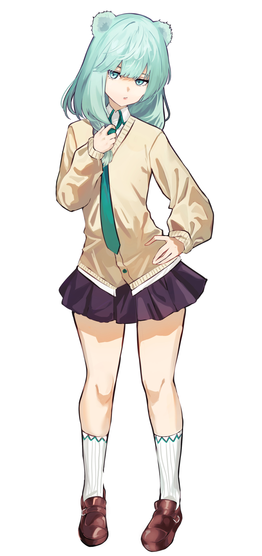 1girl absurdres animal_ears arknights blue_eyes blue_hair breasts brown_shoes full_body hair_between_eyes hat highres istina_(arknights) long_hair long_sleeves looking_at_viewer monocle_removed puranetto_(vjun4748) school_uniform shoes skirt socks solo standing tachi-e unworn_hat unworn_headwear