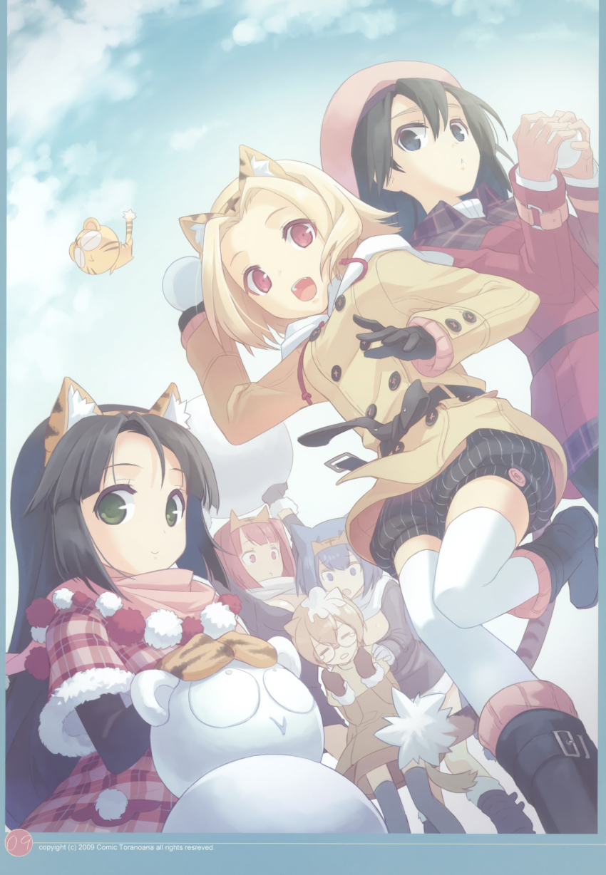 6+girls absurdres animal_ears comic_toranoana fake_animal_ears h2so4 highres kotora_(toranoana) multiple_girls snowball tail thighhighs tiger_ears tiger_tail