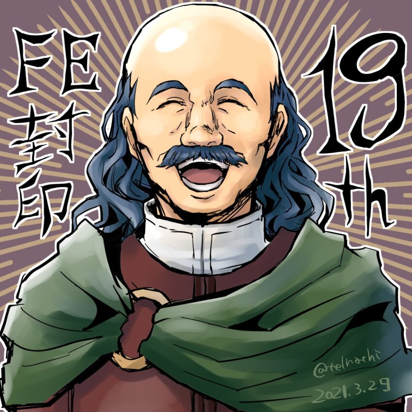 1boy anniversary balding blue_hair capelet closed_mouth dark_blue_hair facial_hair facing_viewer fire_emblem fire_emblem:_the_binding_blade green_capelet highres merlinus_(fire_emblem) mustache nintendo o-ring old old_man open_mouth te1nachi teeth translation_request