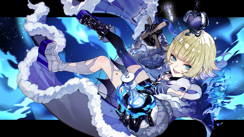 1girl aqua_eyes bishop_(chess) black_crown black_leotard black_skirt blonde_hair blue_fire bone_ornament chess_piece cloak colored_tips commentary_request crown ear_ornament ear_piercing falling fang fangs fire from_side full_body fur-trimmed_cloak fur_trim heart heart-shaped_ornament highres holding indie_utaite king_(chess) leotard looking_at_viewer marionette medium_hair multicolored_hair open_clothes open_mouth piercing puppet purple_hair queen_(chess) reniirean ribs rook_(chess) single_thighhigh skirt skull_ornament slit_pupils smile star_(symbol) thighhighs tongue tongue_out tug_(utaite) utaite