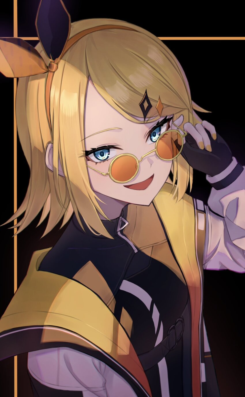1girl black_background black_gloves black_shirt blonde_hair blue_eyes bow_hairband breasts chest_harness commentary_request fingerless_gloves gloves gyakkou_no_lens_flare_(project_sekai) hair_ornament hairband hairclip harness highres huran_tea jacket kagamine_rin long_sleeves looking_at_viewer medium_hair official_alternate_costume open_mouth orange-tinted_eyewear orange_hairband project_sekai shirt sidelocks small_breasts smile solo star_(symbol) star_hair_ornament swept_bangs tinted_eyewear two-sided_fabric upper_body vocaloid white_jacket wonderlands_x_showtime_rin yellow_jacket yellow_nails