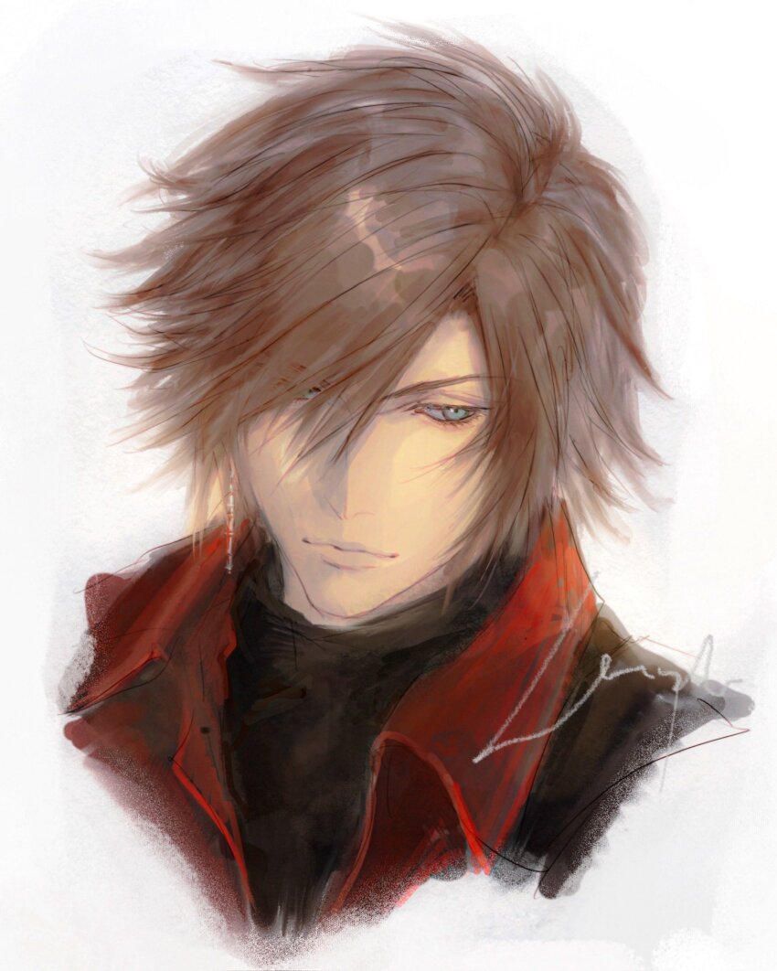 1boy arlan_311 black_shirt blue_eyes closed_mouth collared_shirt commentary crisis_core_final_fantasy_vii cropped_shoulders final_fantasy final_fantasy_vii genesis_rhapsodos hair_over_one_eye highres looking_to_the_side male_focus one_eye_covered parted_hair red_shirt shirt sideways_glance signature simple_background solo turtleneck white_background wing_collar