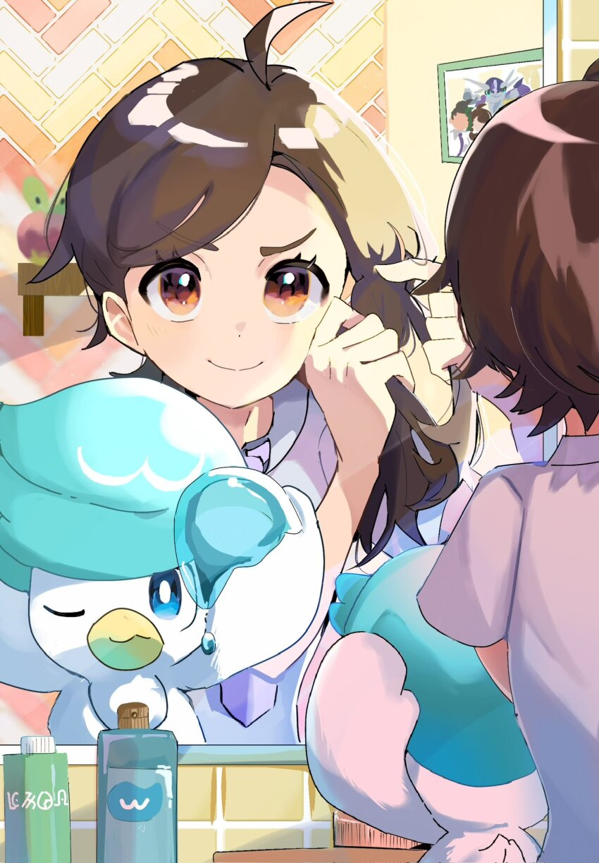 1girl adjusting_hair applin braid brown_hair gen_8_pokemon hand_in_own_hair highres juliana_(pokemon) looking_at_mirror miraidon mirror necktie nemona_(pokemon) nintendo picture_frame piyo_(toripoke710) pokemon pokemon_(creature) pokemon_sv purple_necktie quaxly school_uniform uva_academy_school_uniform