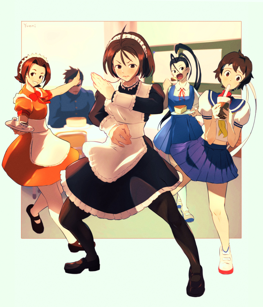 1boy 4girls ahoge apron bajiquan_(martial_arts) breasts brother_and_sister brown_hair bubble_tea cake cake_slice capcom drinking_straw fighting_stance food high_ponytail highres ibuki_(street_fighter) justice_gakuen kasugano_sakura kazama_akira kazama_daigo looking_at_viewer maid maid_apron maid_cafe maid_headdress mary_janes midriff multiple_girls open_mouth outside_border pantyhose ponytail puffy_short_sleeves puffy_sleeves school_uniform serafuku shoes short_hair short_sleeves siblings signature skirt street_fighter street_fighter_v tea wakaba_hinata yuenibushi