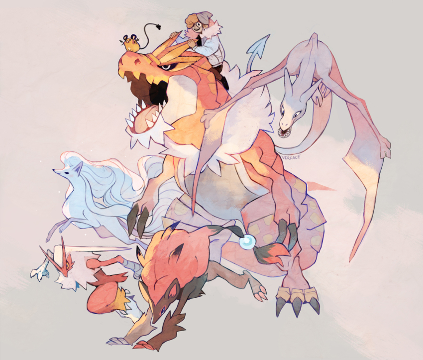 aerodactyl all_fours alolan_form alolan_ninetales animal_focus artist_name beanie black_eyes black_sclera black_shoes blaziken blue_jacket blue_sclera bomber_jacket brown_pants closed_mouth colored_sclera commentary conical_teeth dedenne dinosaur english_commentary flying fox full_body game_freak gen_1_pokemon gen_3_pokemon gen_5_pokemon gen_6_pokemon gen_7_pokemon grey_background hat jacket jumping mouse_(animal) nintendo open_mouth pants pokemon pokemon_(creature) pterosaur riding riding_dinosaur riding_pokemon running shoes simple_background smile standing tyrannosaurus_rex tyrantrum ver_(verface) white_eyes yellow_sclera zoroark