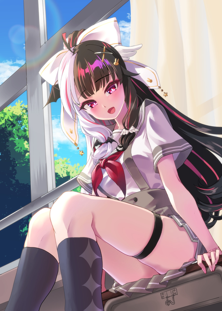 1girl :d ahoge animal_print black_hair blue_sky blush bow breasts classroom desk eyeshadow fingernails grey_sailor_collar grey_skirt hair_bow hair_ornament hakkaku_shikimi highres large_bow long_hair looking_at_viewer makeup medium_breasts multicolored_hair nijisanji official_alternate_costume on_desk open_mouth pink_eyeshadow pink_hair pleated_skirt ponytail rabbit_hair_ornament rabbit_print red_eyes sailor_collar school_uniform serafuku shirt short_sleeves sitting on_desk skindentation skirt sky smile socks solo split-color_hair streaked_hair suspender_skirt suspenders thigh_strap tree two-tone_hair upskirt virtual_youtuber white_bow white_hair white_shirt x_hair_ornament yorumi_rena yorumi_rena_(9th_costume)