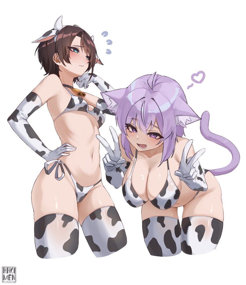 2girls absurdres ahoge alternate_costume animal_ear_hairband animal_ears animal_print aqua_eyes bell bikini black_choker breasts brown_hair cat_ears cat_girl cat_tail choker closed_mouth commentary cow_ear_hairband cow_ears cow_horns cow_print cow_print_bikini cow_print_gloves cowbell cropped_legs crossed_bangs double-parted_bangs double_v elbow_gloves fake_animal_ears fake_horns flying_sweatdrops gloves hair_between_eyes hairband hakimen hand_on_own_hip hand_up hands_up highres hololive horn_hairband horns looking_at_viewer multiple_girls navel nekomata_okayu oozora_subaru open_mouth print_bikini print_gloves purple_eyes purple_hair short_hair side-tie_bikini_bottom simple_background small_breasts stomach swept_bangs swimsuit tail thighhighs v virtual_youtuber white_background white_bikini white_gloves white_thighhighs