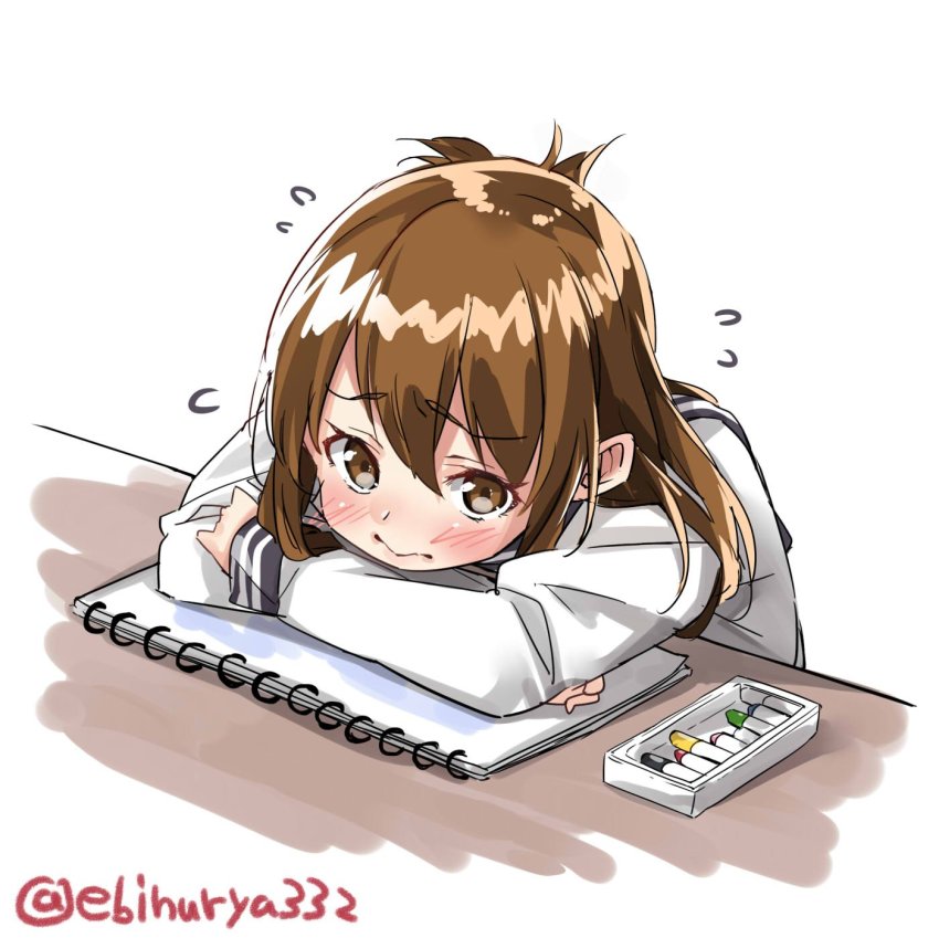 1girl alternate_hairstyle brown_eyes brown_hair commentary_request ebifurya female_focus flying_sweatdrops hair_down hair_ornament hairclip highres inazuma_(kancolle) kantai_collection long_hair looking_at_viewer pastels school_uniform serafuku simple_background sketchbook solo twitter_username white_background