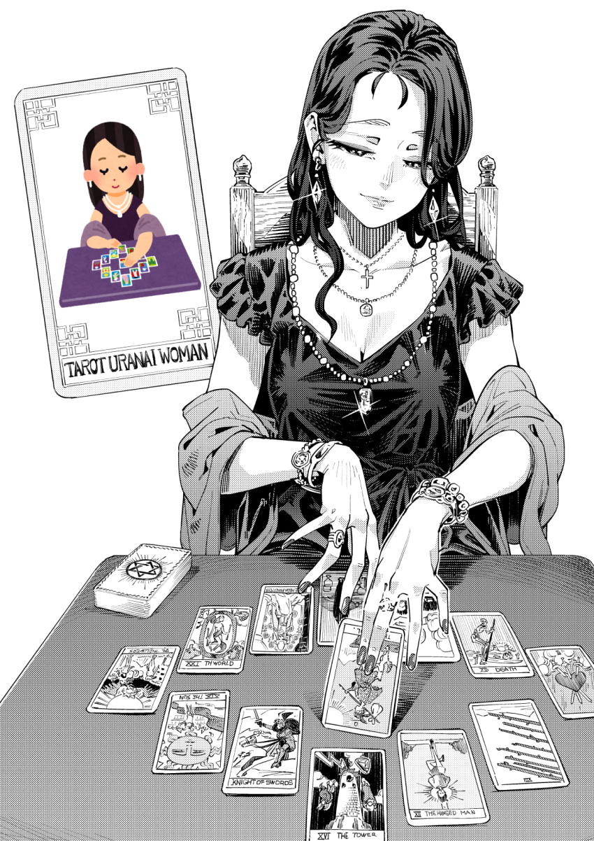 1girl aihara_akito bracelet breasts card chair cleavage closed_mouth commentary_request cross cross_necklace death_(tarot) derivative_work dress earrings english_text fingernails fortune_teller glint greyscale highres holding holding_card inset irasutoya irasutoya_challenge jewelry long_fingernails long_hair looking_down monochrome nail_polish necklace original parted_bangs reference_inset ring shawl short_sleeves simple_background sitting solo tarot tarot_card the_fool_(tarot) the_hanged_man_(tarot) the_high_priestess_(tarot) the_lovers_(tarot) the_sun_(tarot) the_tower_(tarot) the_world_(tarot) upper_body wavy_hair white_background